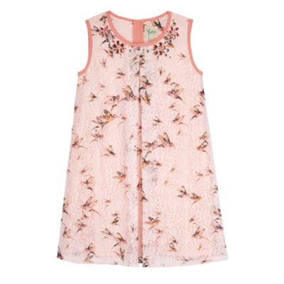 Yumi Girl Pink Bird Print Lace Shift Dress